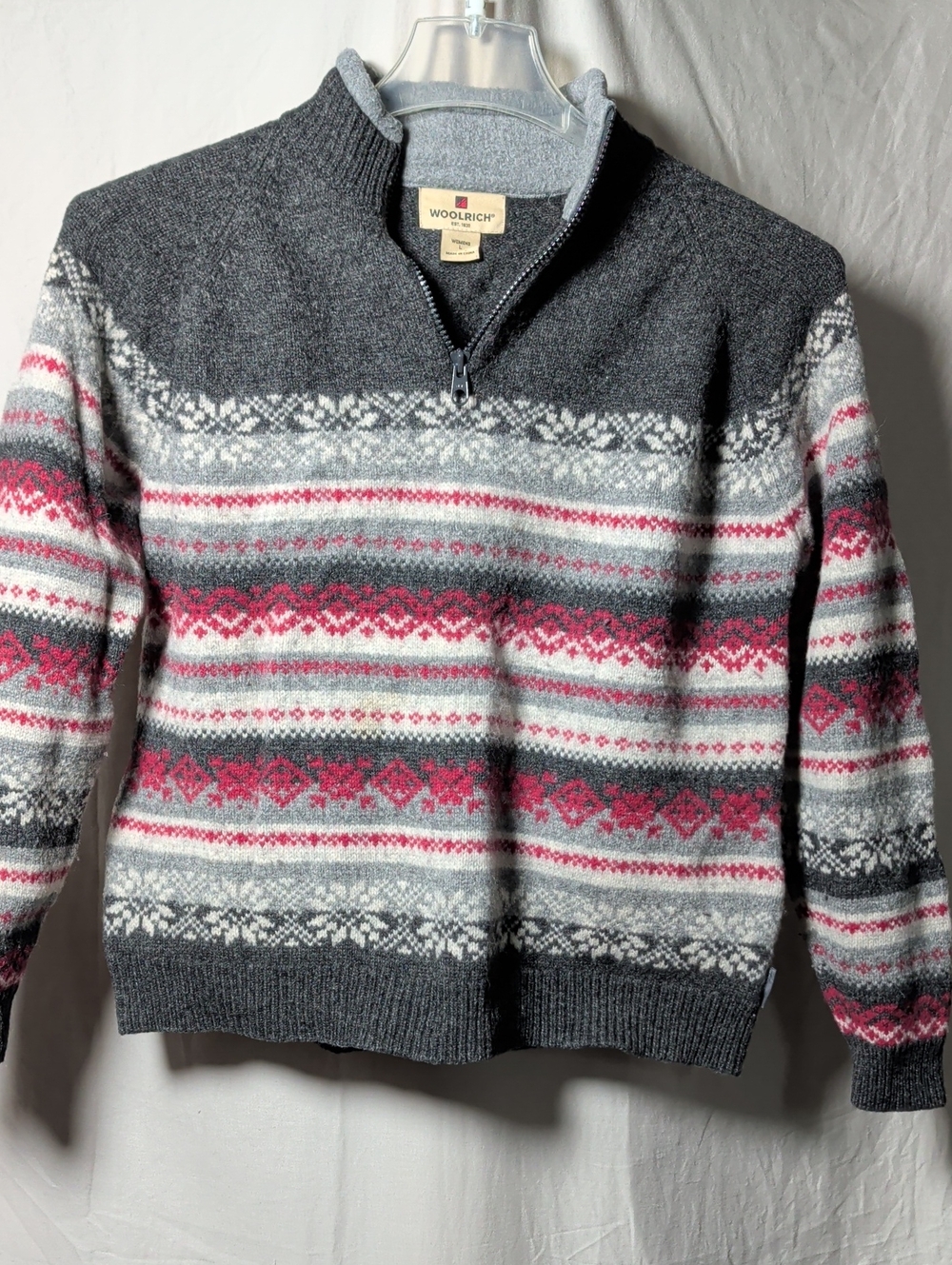Woolrich Women’s Gray, Pink and White Fair Isle Half-Zip Sweater Versatile Wear